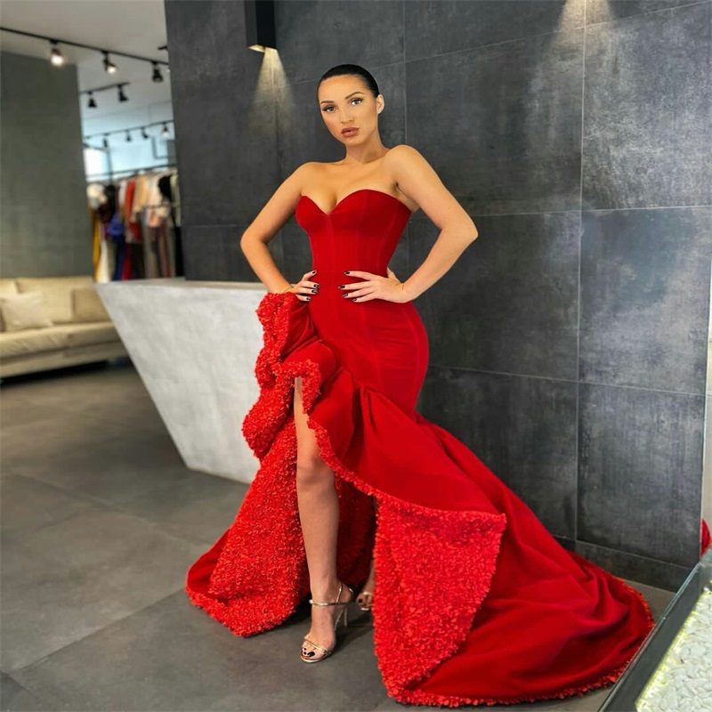Fashion Red Prom Dresses Sexy Side Split Appliqued Mermaid Evening Dresses Sweetheart Sleeveless Ruched Satin Party Dress Custom Made