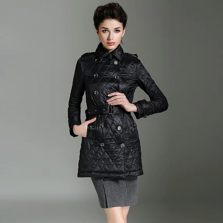 Hot Sale women winter thick coat luxury designer solid cotton padded trench coat vintage british style jacket argyle belt black khaki jacket