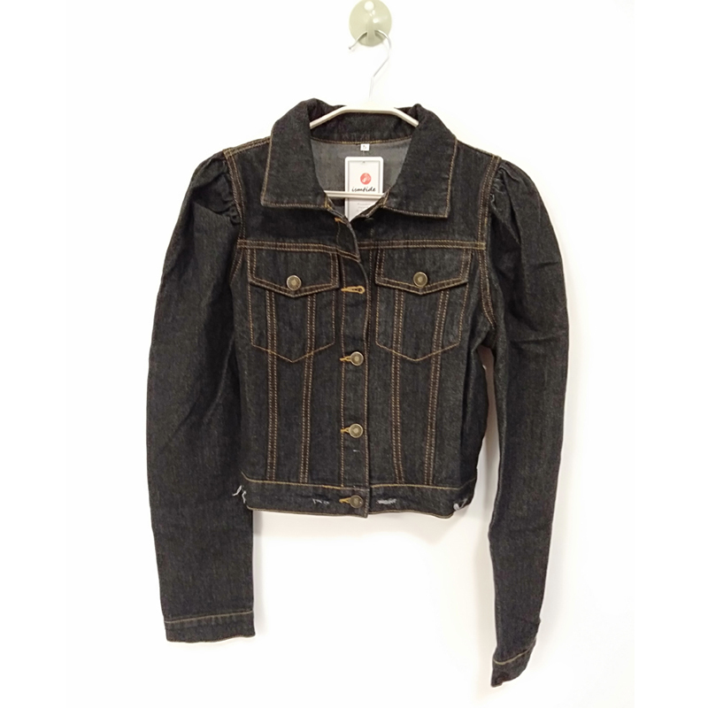 Spring Puff Sleeve Crop Denim Jackets Women Turn Down Collar Buttons Frayed Ripped Hole Jean Coat Pockets Bomber Jacket 201112