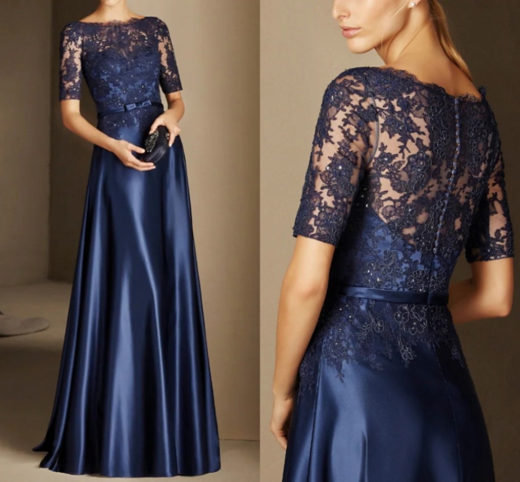 2022 Dark Navy Elegant Formal Evening Dress Illusion Neck Short Sleeve Floor Length Lace Satin Prom Party Gown robe de soiree vestidos de fiesta