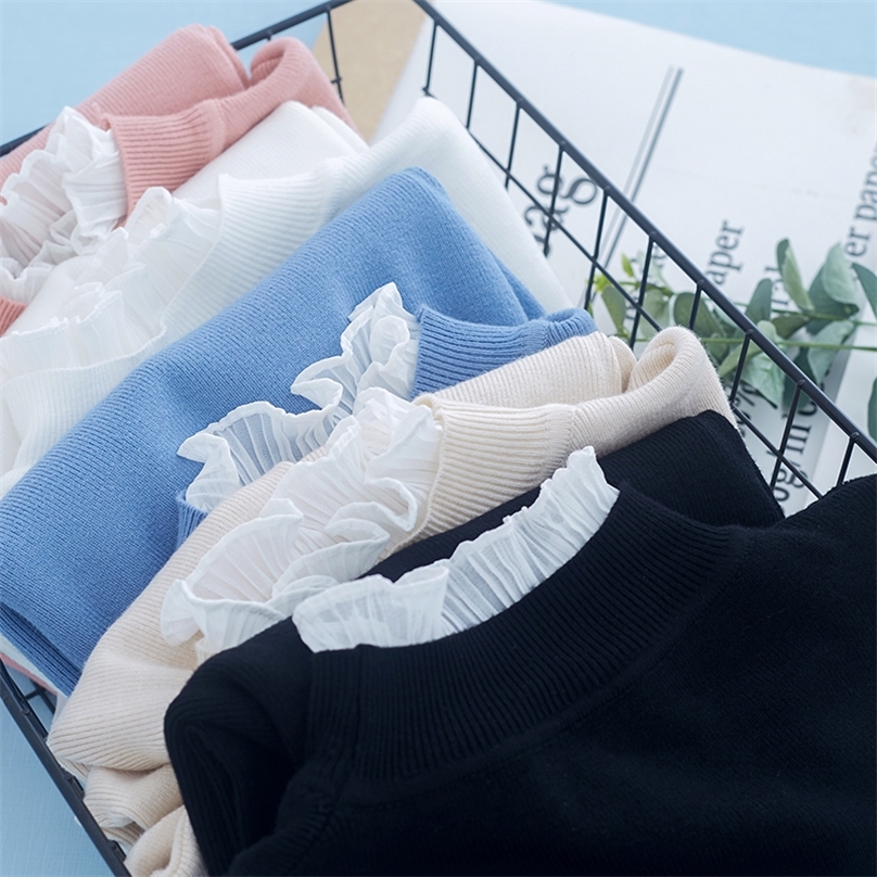 Women Turtleneck Sweater Autumn Winter Long Sleeve Sweet Patchwork Chiffon Pullovers Ladies Knitted Cashmere Jumper 201223