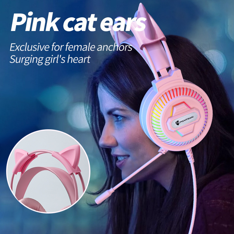 

Ladies headphones PS4 PC Xbox stereo game headphones, microphone, cute cat ears with pink, LED lights, soft memory earmuffs suitable for female anchors live