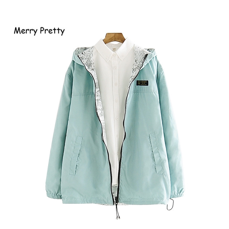 MERRY PRETTY Autumn Women Bomber Basic Jacket Pocket Zipper Hooded Two Side Wear Cartoon Print Outwear Loose Coat 201017