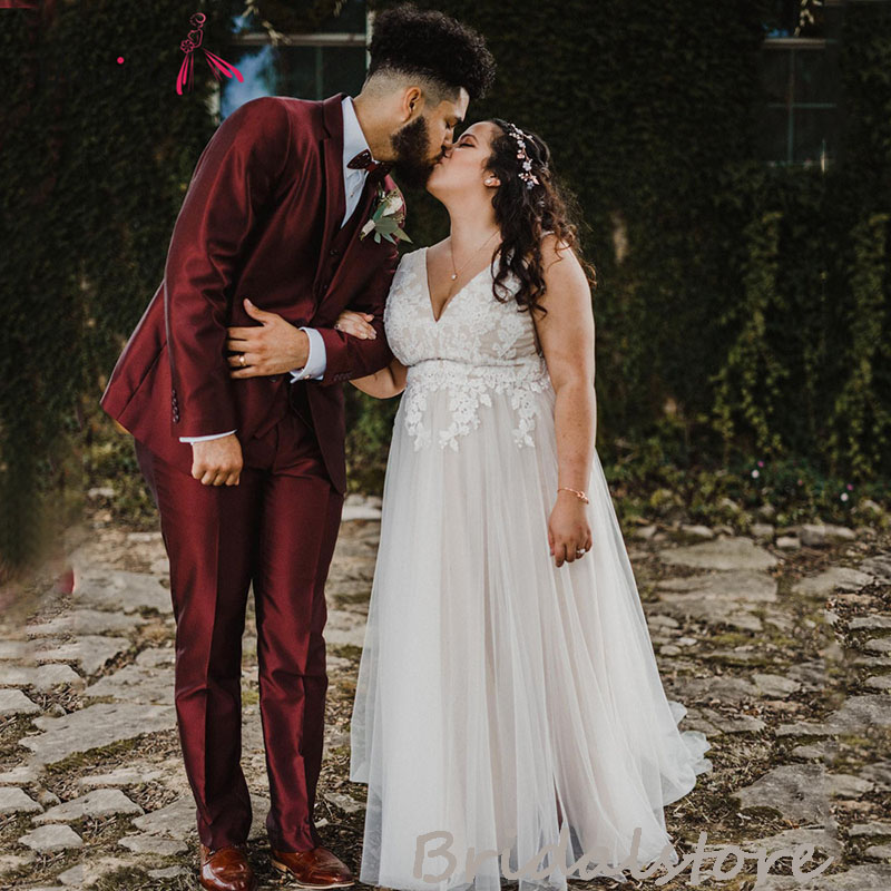 Boho Plus Size Wedding Dress With Lace V Neck A Line Beach Wedding Gowns Sexy Backless Tulle Country Bohemian Bridal Dresses Flowy Garden Hippies Robe