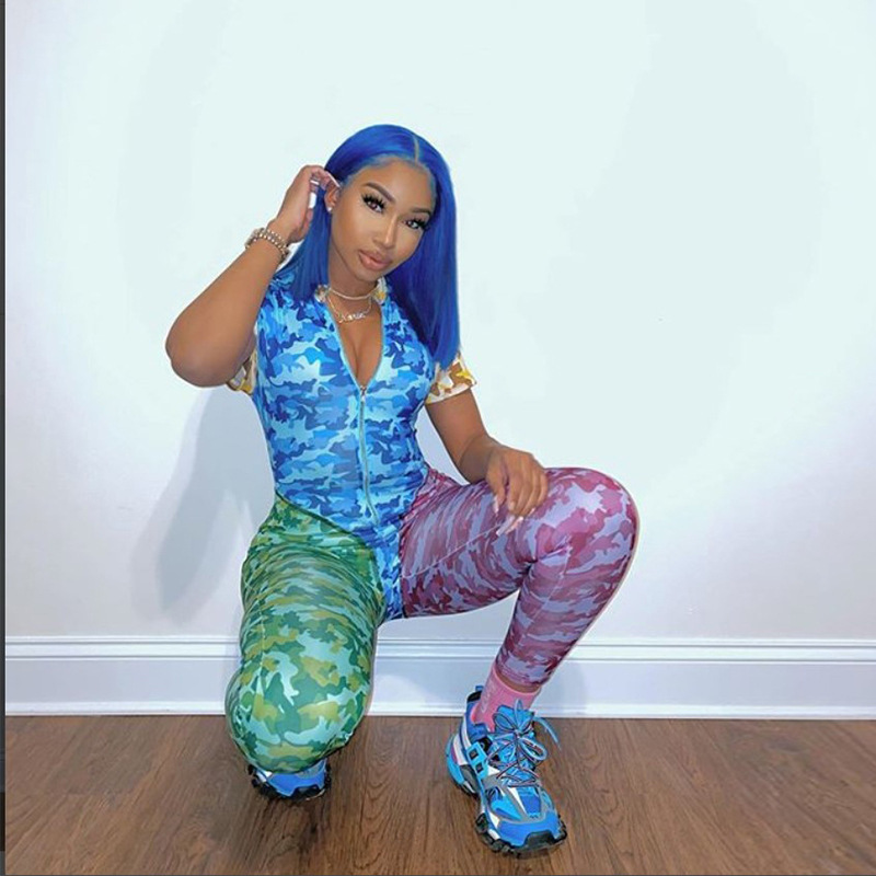 HAOYUAN Sexy Camouflage Two Piece Set Tracksuit Women Summer Clothes Bodysuit and Pant Sweat Suits 2 Piece Outfits Matching Sets T200603