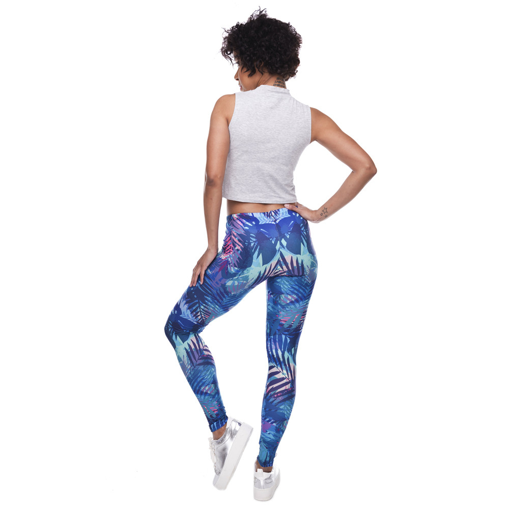 Fashion Women Leggings Tropical Leaves Printing Blue Fitness Legging Sexy Silm Legins High Waist Stretch Trouser Pants 201202