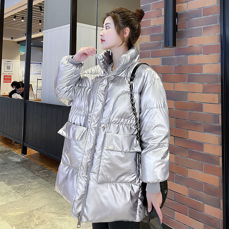 Long Parkas Female Winter Stand Collar Oversized Shiny Women's Jackets Solid Thick Big Pockets Loose Casual Overcoat Female 201214