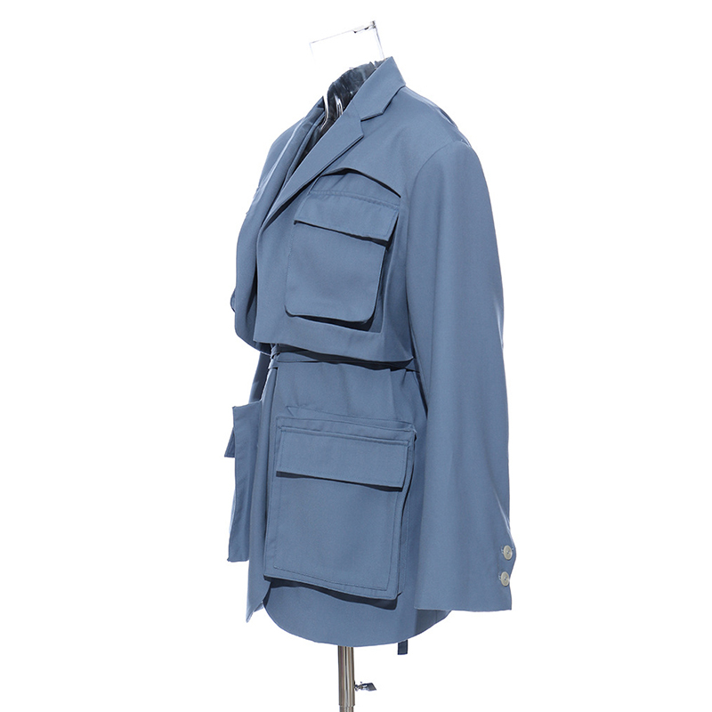 EWQ Autumn Casual Women Blazer Notched Collar Long Sleeve Lace Up Patchwork Pockets Female Jacket Fashion Clothes 201114