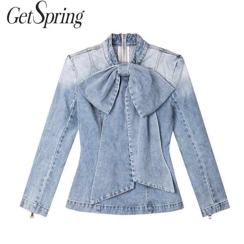 GetSpring Women Blouse Denim Blouse Denim Shirt Long Sleeve Jean Blouses Retro Bow Women Shirt All Match Ladies Tops Spring Top T200321