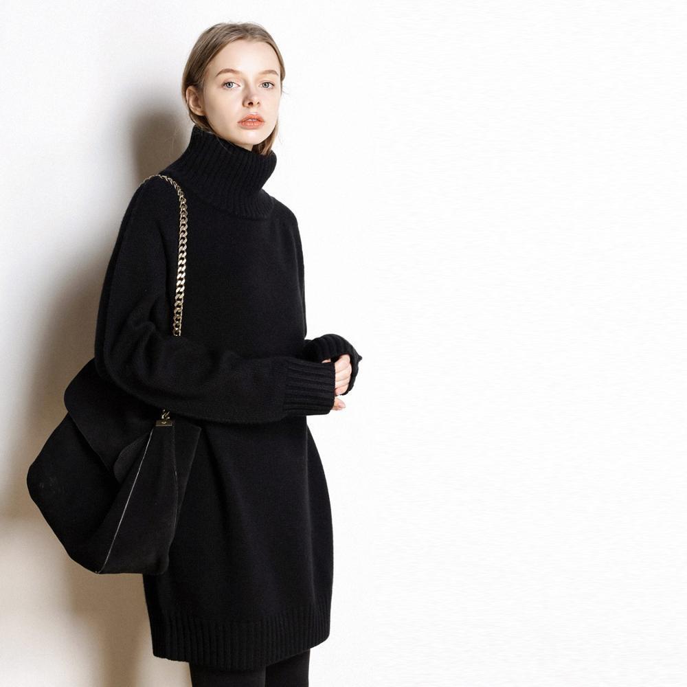 Cashmere sweater women's new high-neck cashmere sweater women's solid color long loose sweater large size knit bottoming shirt 201023