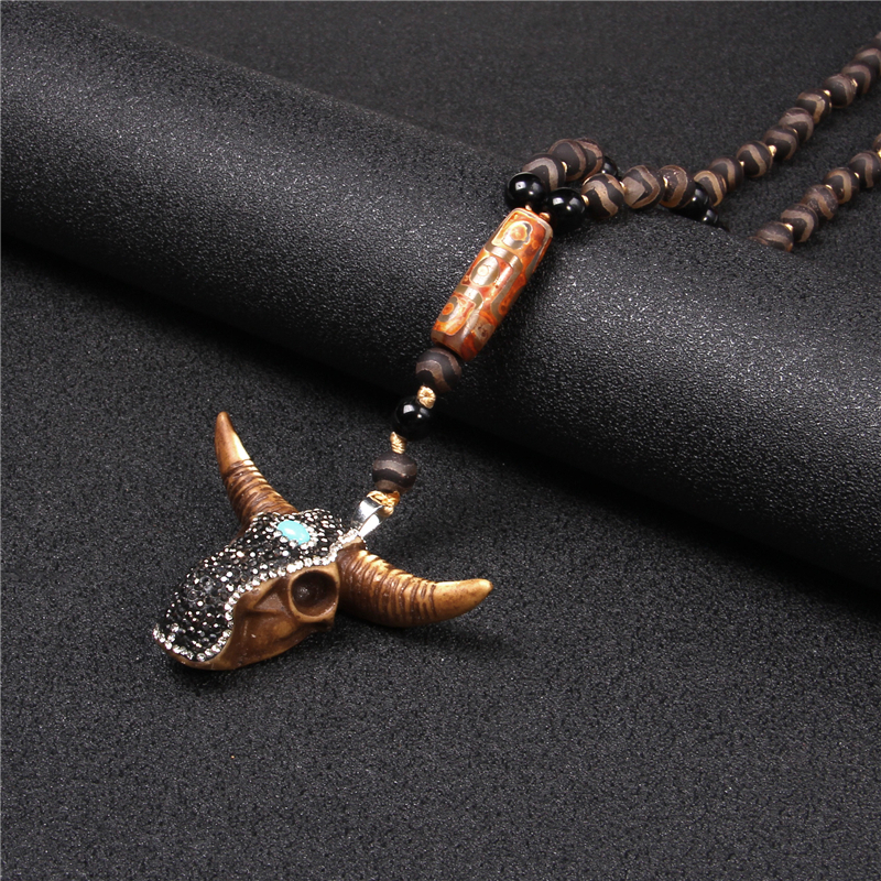 Tibetan Natural agat lava stone strand beads necklace Cow Bull Ox Head tooth Skull Charms necklace Men Women amulet Lucky Gift 201014