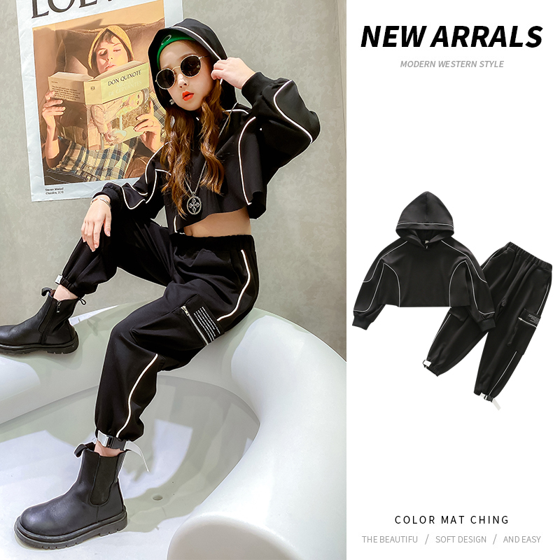 Children Clothes Autumn Teens Girls Kids Sets Hip-hop Dancers Reflective Suits Short Hoodies Cargo Pants Set 10 12 14 Years GirlX1019