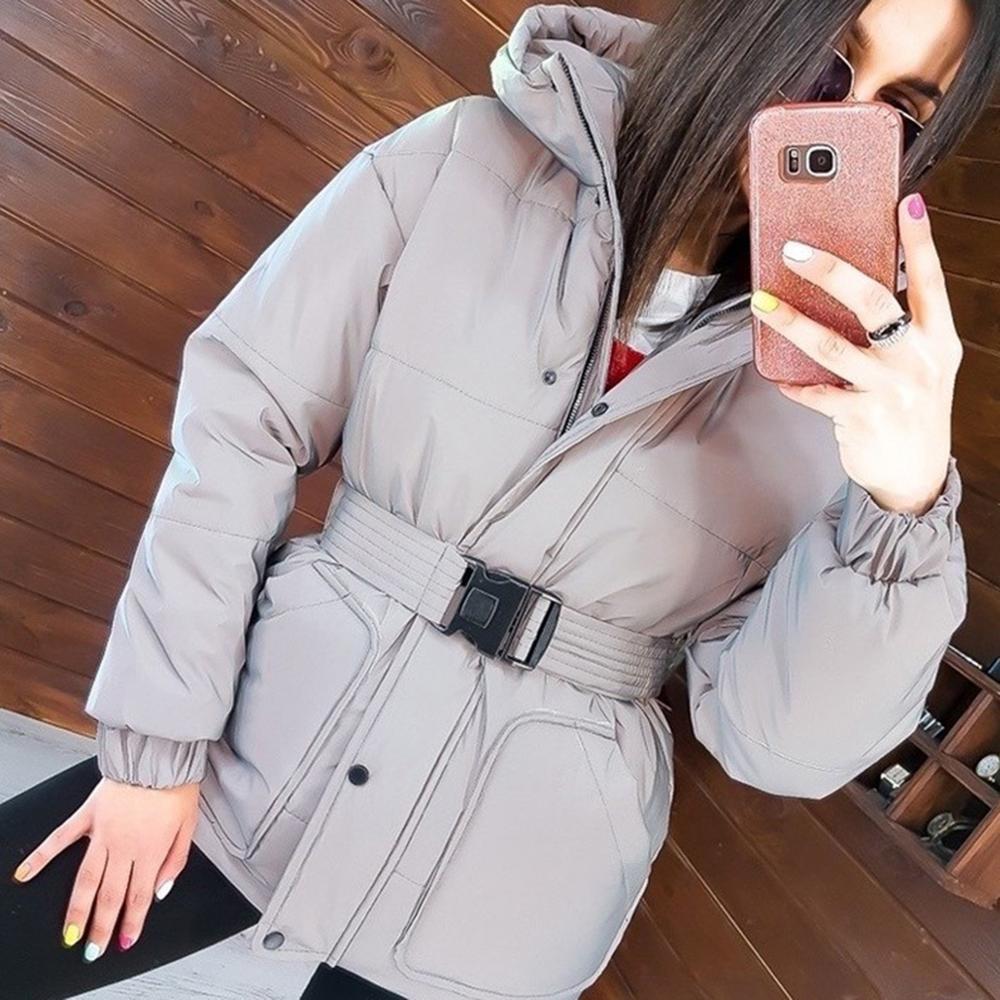 Winter Fashion Reflective Paragraph Warm Women's Jacket Women Europe and America Hooded Luminous Casual Thick Belted Parkas 201029