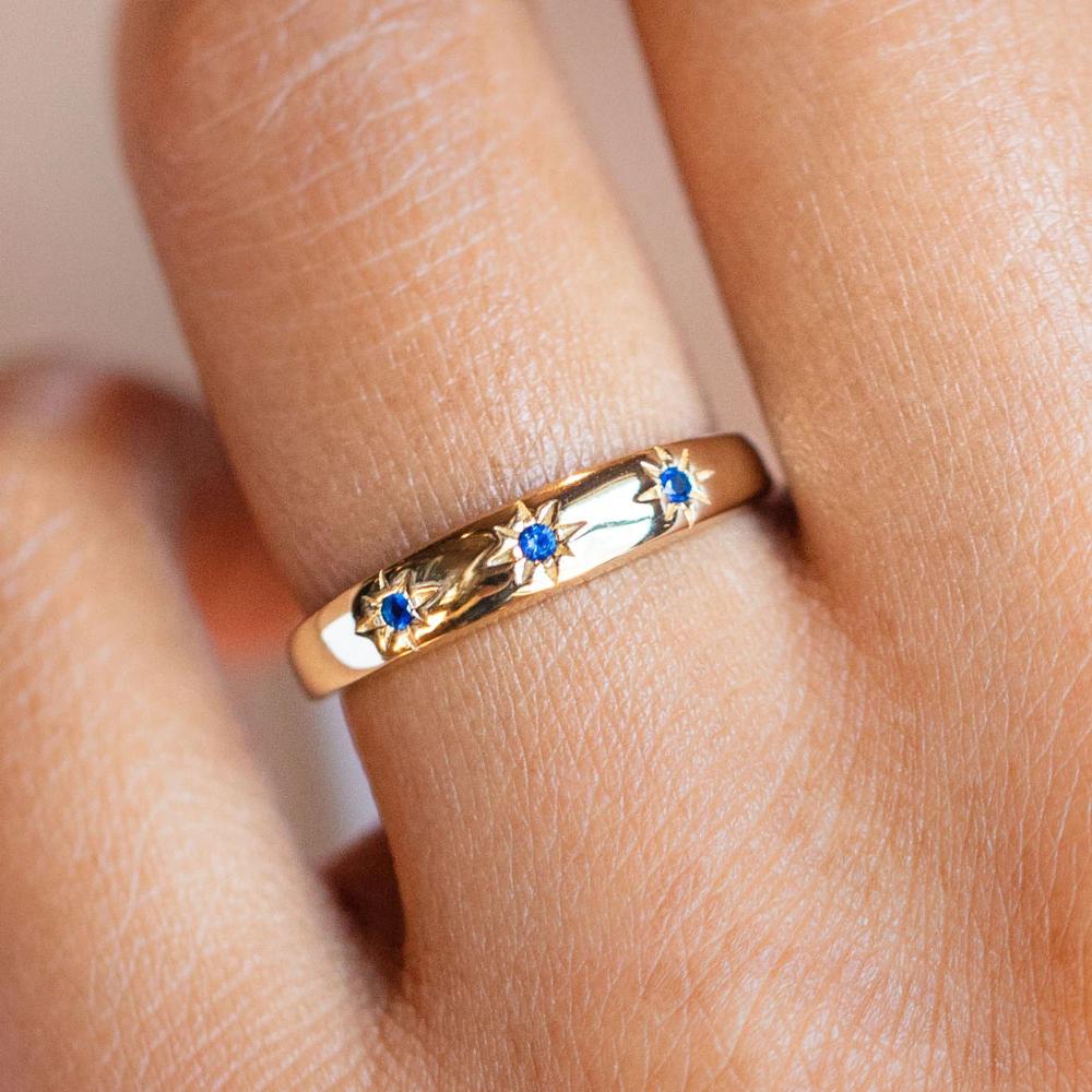 2024 Christmas Gift Fashion Women Girl Jewelry 3 Stone Blue CZ Cubic Zirconia Open Starburst Star Signet Ring