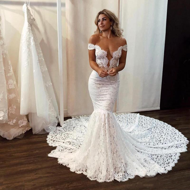Off the Shoulder Lace Mermaid Wedding Dresses with Appliques Court Train Backless Boho Beach Bridal Gowns, White
Off the Shoulder Lace Mermaid Wedding Dresses with Appliques Court Train Backless Boho Beach Bridal Gowns, White