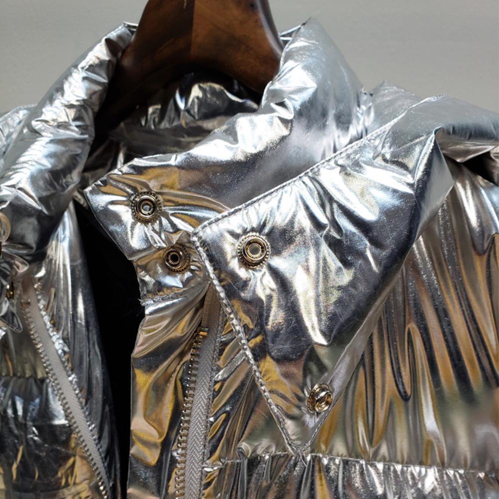 L77street Liizi Winter Thick Tooded Shiny Woman Winter Jacket Silver Long over-the-knee versatile Cotton coat 201110