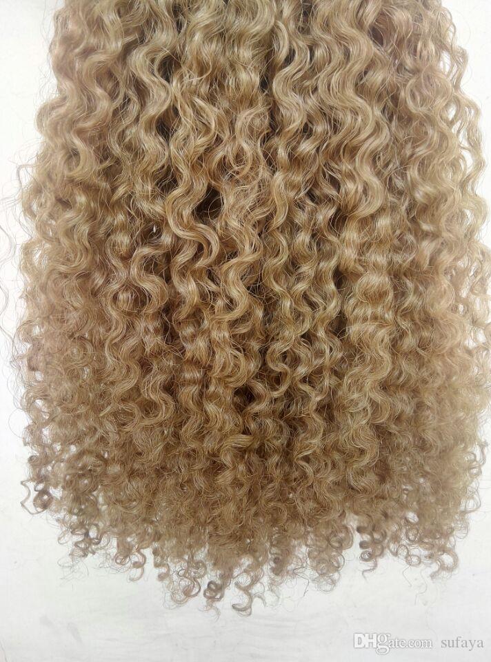 Brazilian Blonde Clips in Ponytail Extension drawstring deep curly Hair for black Women 14" Pale Natural Gold-Blonde