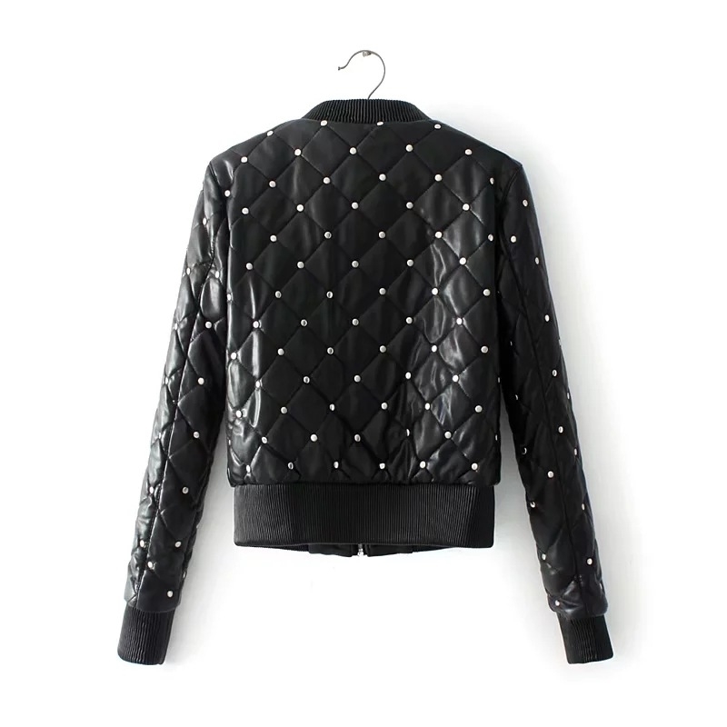Autumn Winter Women Thicke Cotton Pu Leather Coat Street Black Short Outerwear Rivets Faux Soft Leather Jacket 201030