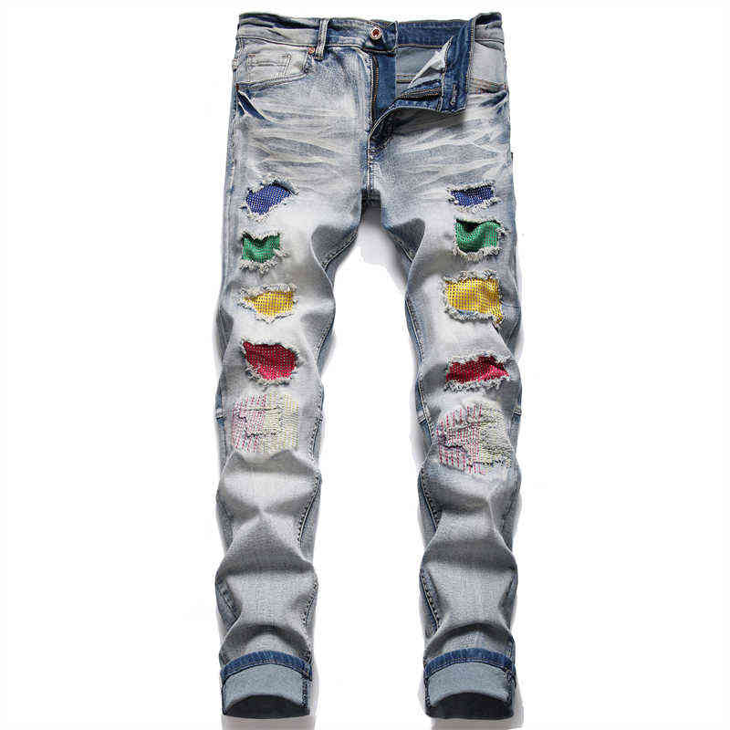 Dropshipping Fashion New Biker Jeans Men's Distressed Stretch Ripped Hip Hop Slim Fit Holes Punk Denim Cotton Pants X220214