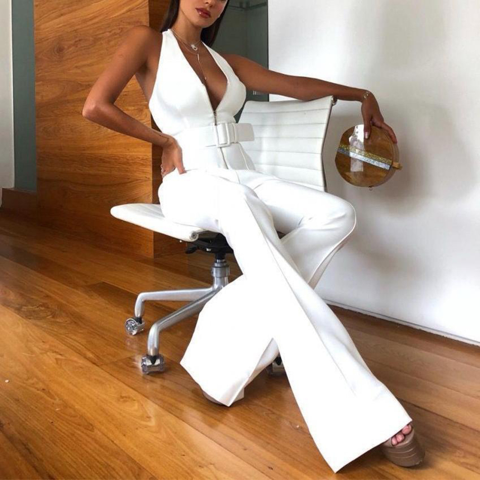 summer new women's fashion sexy white jumpsuit Bodycon hanging neck backless Vneck club party jumpsuit T200509