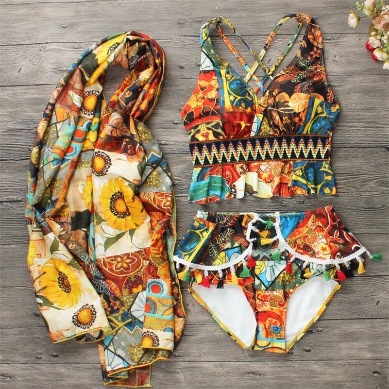 New Women Printed High Waist Three Piece Bikini Set Biquinis Bathing Suit Swimming Beach Wear Tassel Summer Sexy Swimsuit Y200319, Beige
New Women Printed High Waist Three Piece Bikini Set Biquinis Bathing Suit Swimming Beach Wear Tassel Summer Sexy Swimsuit Y200319, Beige