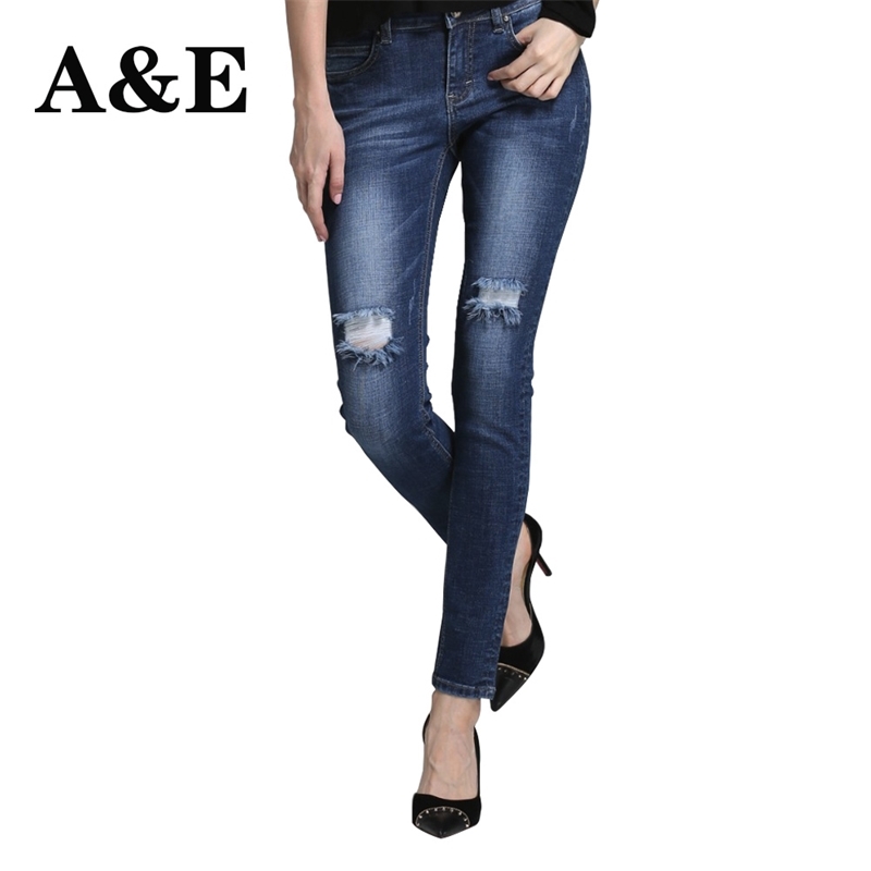 Alice & Elmer Women's jeans straight For Girls Mid Waist Stretch Female Jeans Pants Torn jeans for women 201030