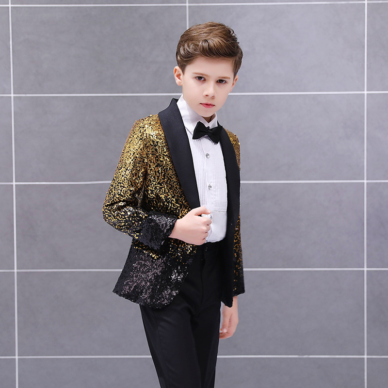 two pieces children suits boys bling gold sequins stage models handsome british fashion style catwalk costumes boy coatpant