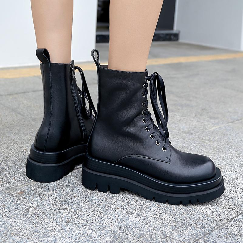 Vintage Genuine Leather Winter Boots Platform Cross Tied Fashion Chunky Heels Pumps Office Lady Basic Shoes Woman, Black 
Vintage Genuine Leather Winter Boots Platform Cross Tied Fashion Chunky Heels Pumps Office Lady Basic Shoes Woman, Black