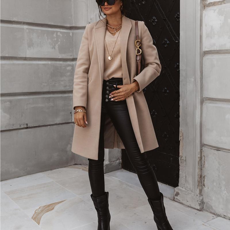 Women's Wool & Blends Winter Elegant Women Coat Light Tan Office Lady Overcoat Plus Size Long Sleeve Windproof Fashion Windbreaker 20211