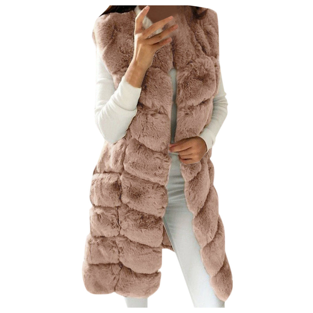 Womens Fur Vest Ladies Elegant Faux Fur Long Winter Jackets Coat Black Sleeveless Waistcoat Body Warmer Outwear 201031