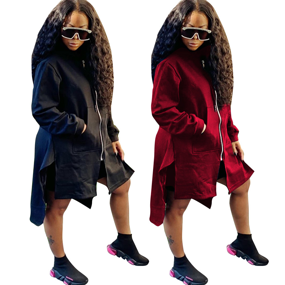 Hoodies Spot 2021 European and American spring autumn long-sleeved women's solid color plus velvet sweater jacket