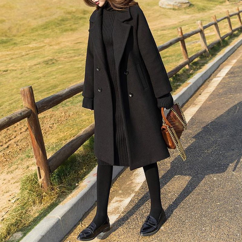 Black Coat Women Button Pockets V-Neck Double Breasted Loose Solid Long Wool Coat Fashion Woman Coats Winter Plus Size 201111
