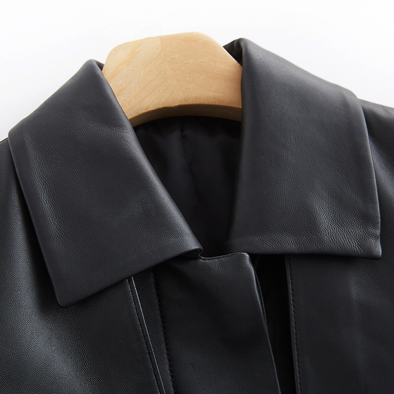 Nerazzurri black long leather trench coat women with belt turn down collar spring faux leather coat leather clothes for women 210201
