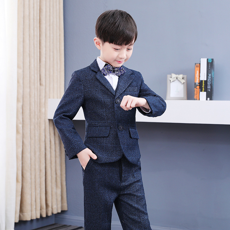 On Sale Three Pieces Children Suits Navy Boys Formal Boy Wear Plaid Stage Models Handsome British Fashion Style Boy Coat+Pant+Vest