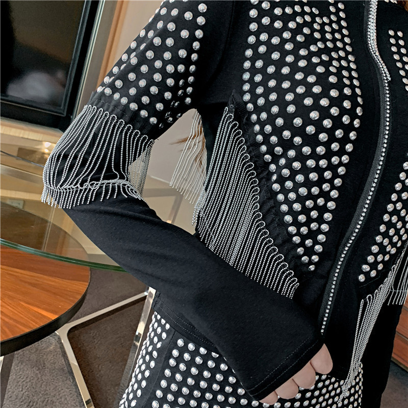 Spring Autumn Sexy Rivet Tassel Coat Womens Fashion Korean Clothes Shiny Zipper Jacket Ropa Mujer Cotton C03201 201112