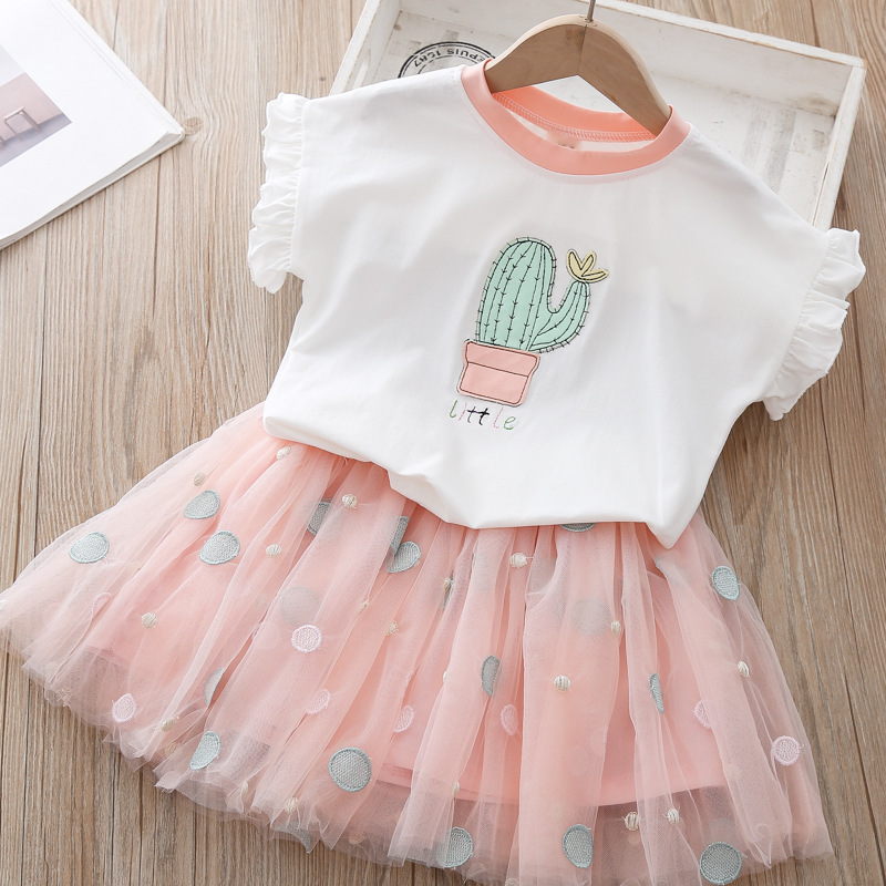 Summer Girl's Clothes 2 4 6 8 Years Kids Cactus T-shirt+Lace Tutu Dress 2Piece Sets Fashion Summer Girls Set Children Clothing Y1107