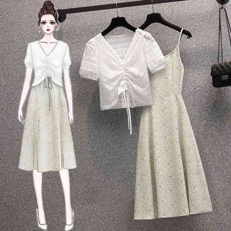 Large Size Summer Suit Female Summer Korean Version Of The Bohemian Floral Sling Dress Hollow Drawstring Top Two-piece Suit, White 
Large Size Summer Suit Female Summer Korean Version Of The Bohemian Floral Sling Dress Hollow Drawstring Top Two-piece Suit, White