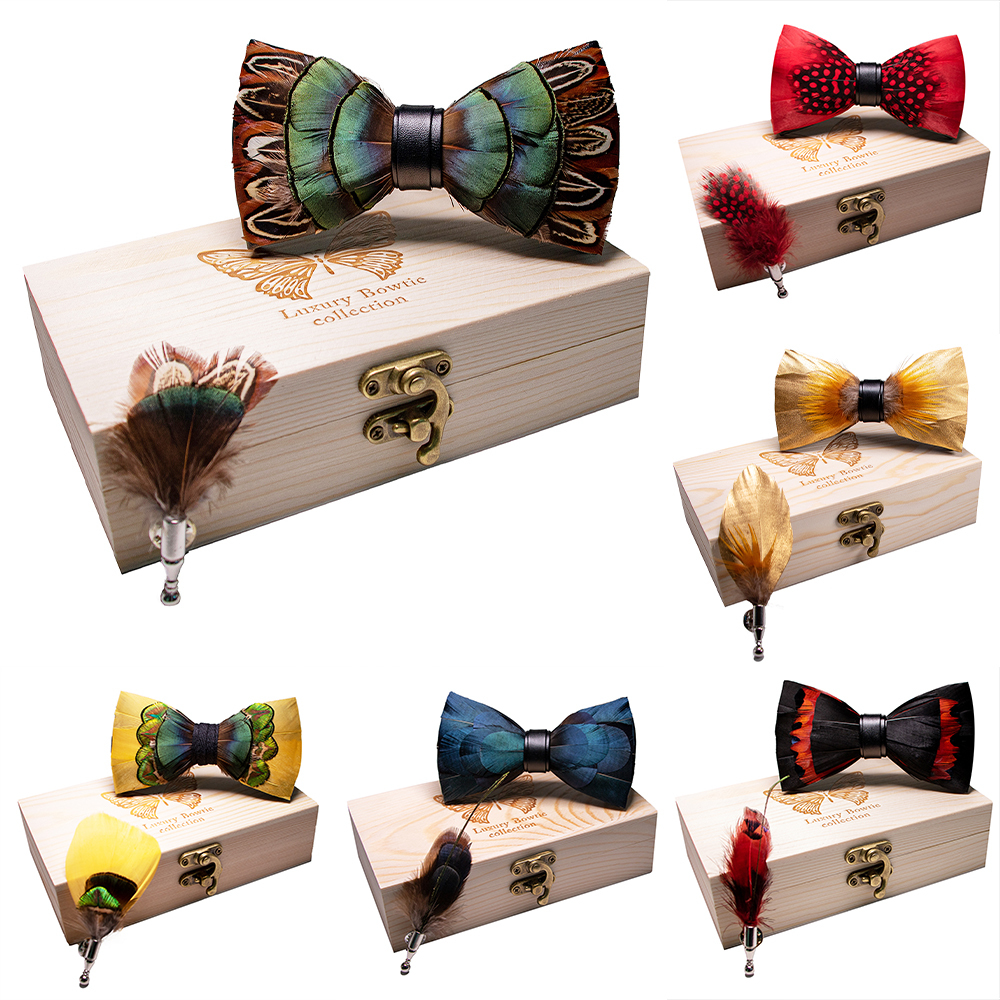 KAMBERFT 67 style New Natural Feather Bow tie Exquisite HandMade Mens BowTie Brooch Pin Wooden Gift Box Set for Wedding 201027