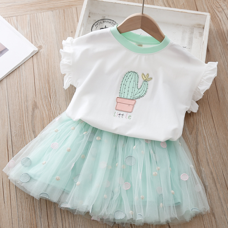 Summer Girl's Clothes 2 4 6 8 Years Kids Cactus T-shirt+Lace Tutu Dress 2Piece Sets Fashion Summer Girls Set Children Clothing Y1107