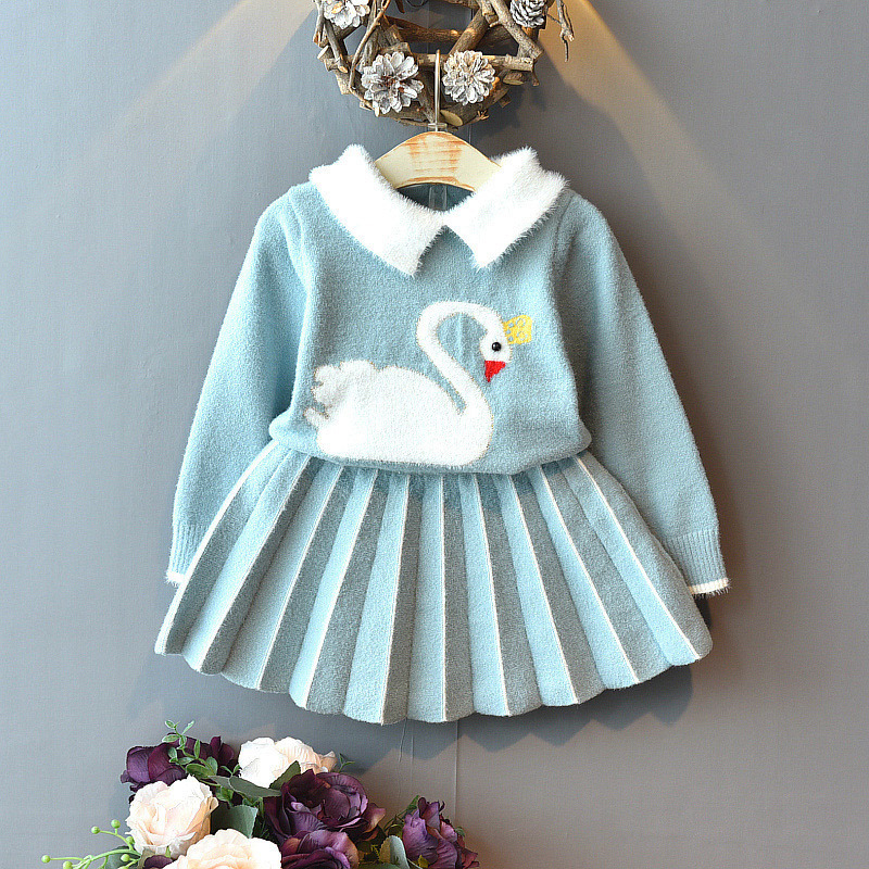 Bear Leader Winter Girls Clothes Set New Baby Sweater Set Swan Printed Pink Blue 2pcs Fall Girl Clothing Set Children CostumeX1019