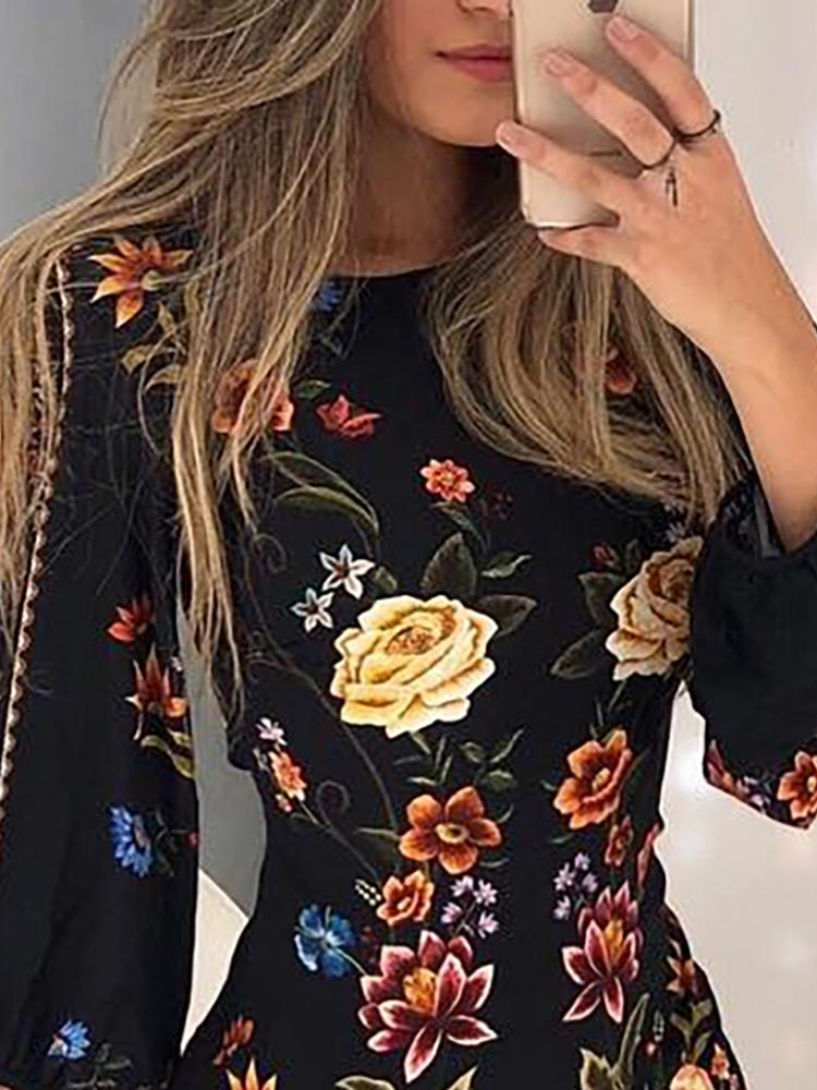 Elegant Fashion Women Slim Fit Leisure Casual Bodycon Mini Dress Female Cutout Back Bishop Sleeve Floral Dress T200106