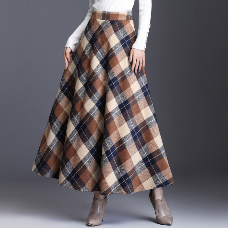 Long Plaid Skirts For Women Warm Wool Elegant High Elastic Waist Office Lady Skirt Spring Female Clothing Plus Size 3XL T200324