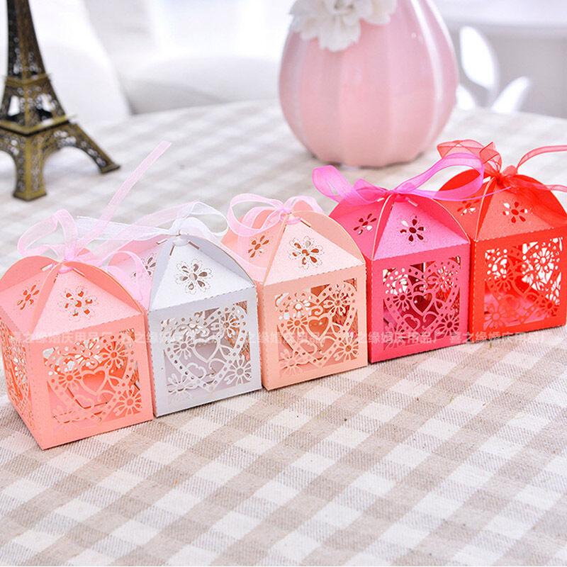 50PCS Love Heart Laser Cut Candy Box Gift Boxes Ribbon Wedding Party Favor Candy Box