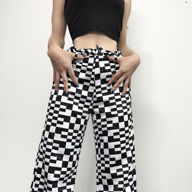 High Waist Loose Wide Checkerboard Punk Contrast Striped Plaid Zebra Cargo Jogger Harajuku Pant Korean Women Streetwear Trouser T200422