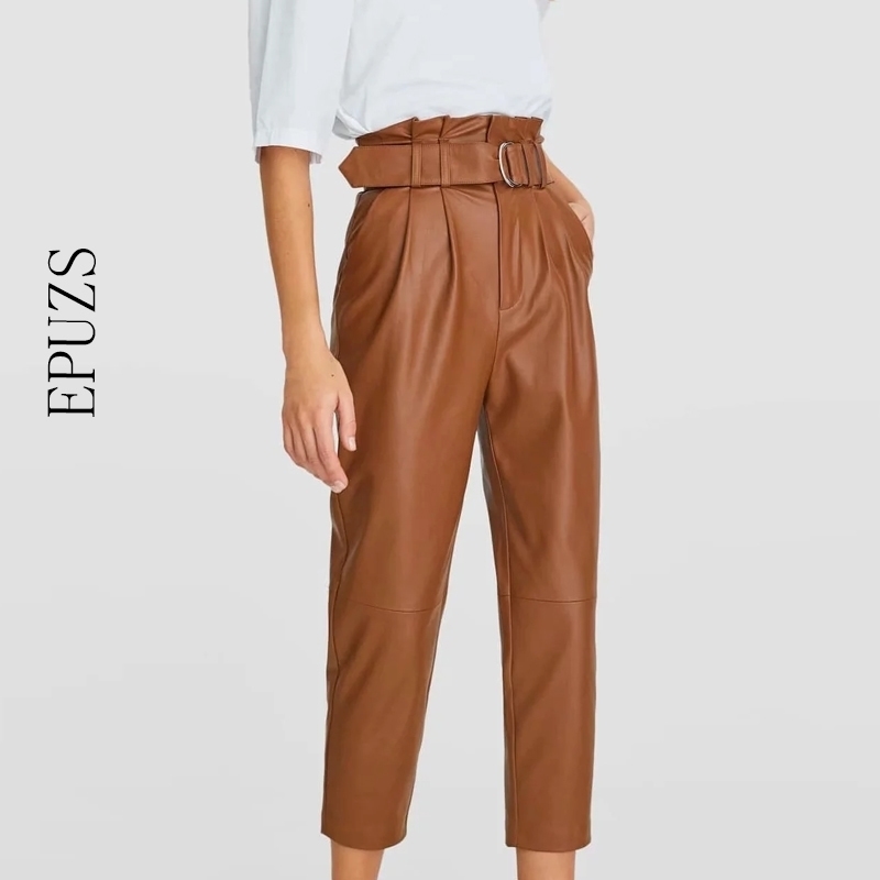 winter belt high waist pant women Black pu leather pants women harem pants joggers pencil trousers streetwear pantalon femme 201106