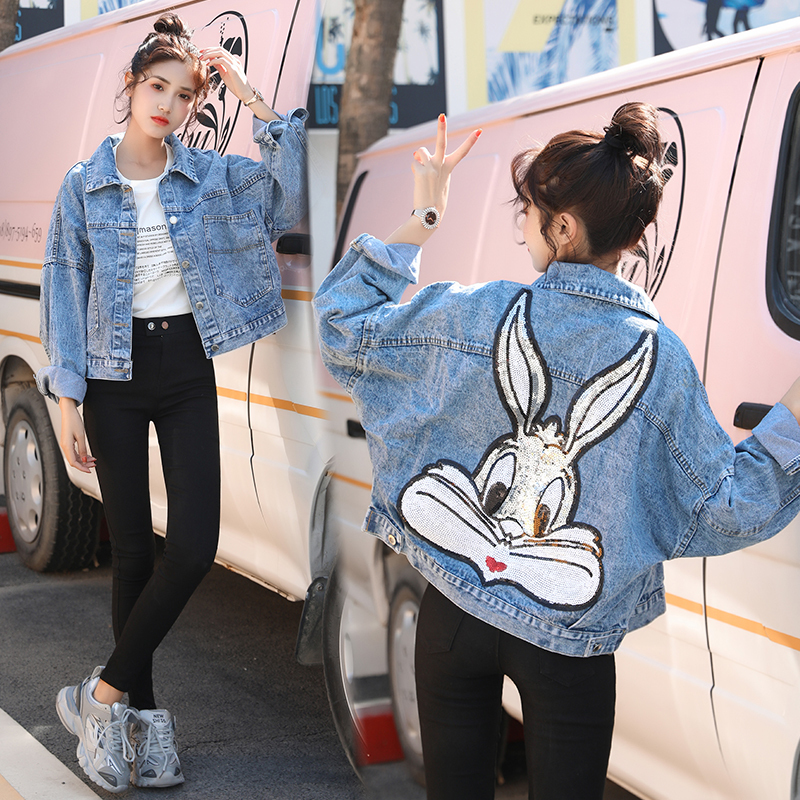 GCAROL Cartoon Sequined Oversized Denim Jacket Bling Bling Loose Preppy Style Embroidered Short Coat Character Outfits 4 season 201017