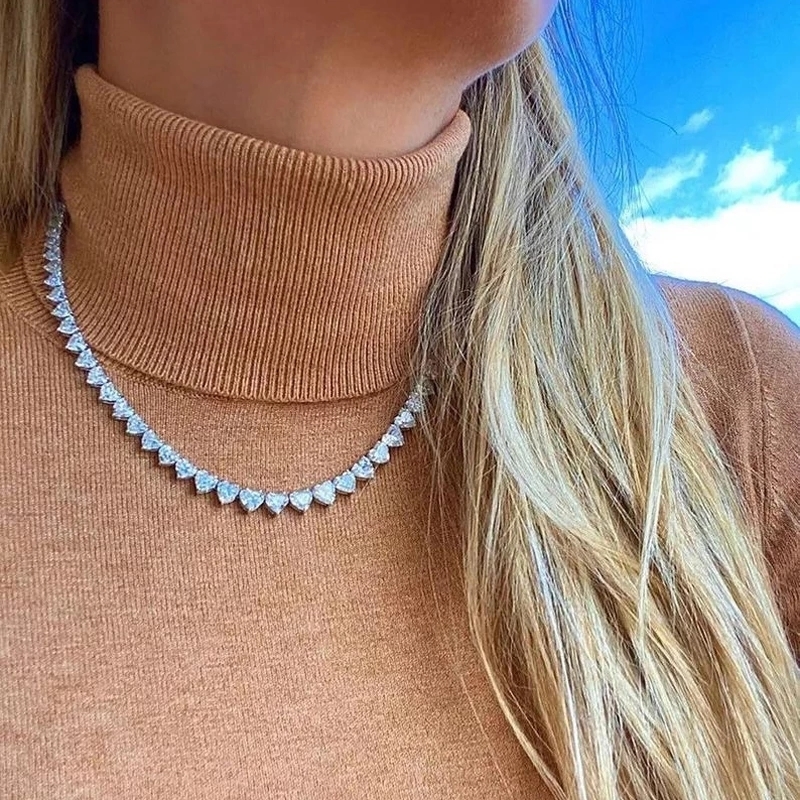 Hip Hop Iced Out Bling AAAA Zircon Heart Tennis Chain Necklace Women Fashion Jewelry Gold Silver Color Pink CZ Choker Necklace 220