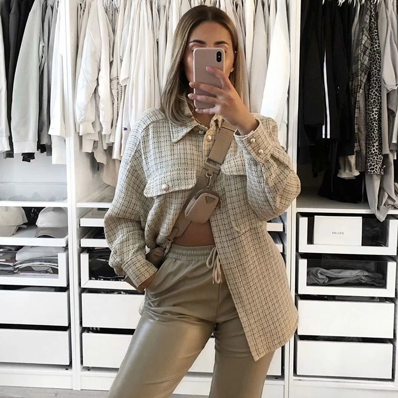 Vintage Stylish Jewelry Buttons Shirt Jackets Women Fashion Pockets Turn-down Collar Check Jacket Cute Girls Chic Coat Outerwear 200930