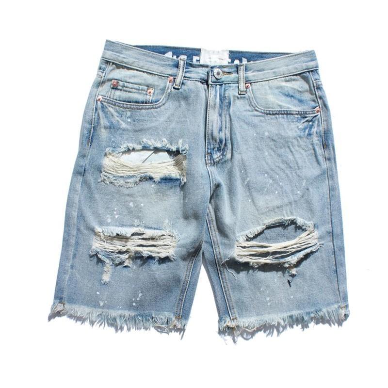 Men's Denim Cowboy Shorts, Summer Casual Hole Jeans Short Pants, Hip Hop Beggar Zipper Shorts Streetwear B4