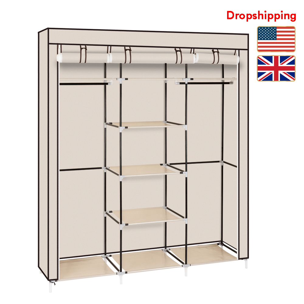 

Stock in US UK 69 Inch Portable Clothes Closet Garment Rack Non-Woven Fabric Wardrobe Double Rod Storage Organizer